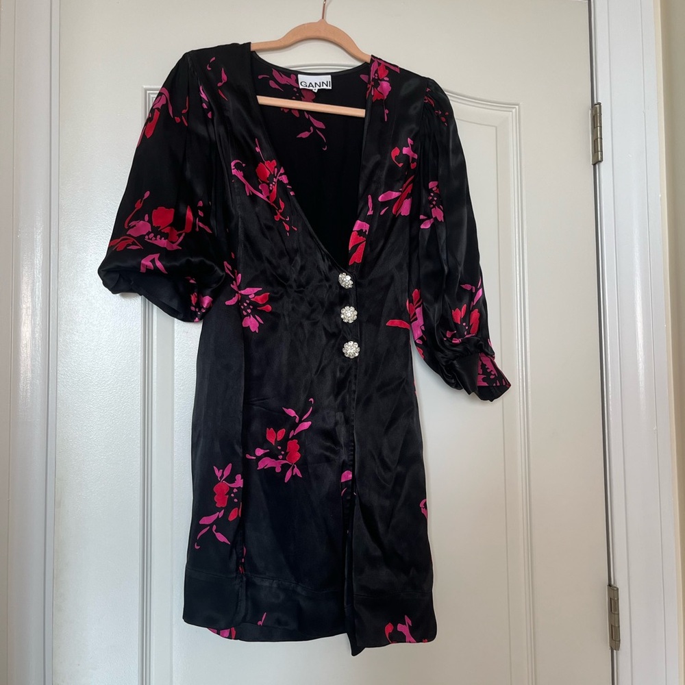 Ganni Crystal-Embellished Floral Print Satin Wrap Mini Dress Size 34 - Picture 3 of 5